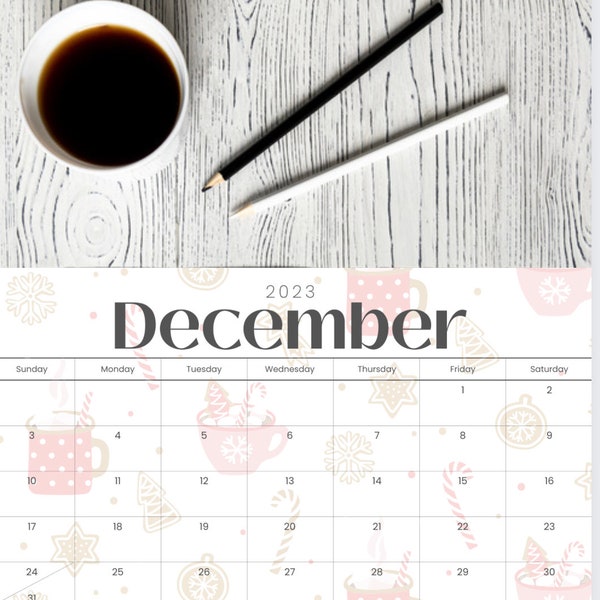 December 2023, December Calendar, December  2023 Calendar Digital download PDF, Christmas tree, hot cocoa, candy cane, background