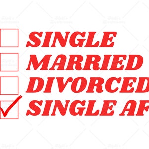 May include: A white background with a red check box next to the text "SINGLE AF" and three other check boxes next to the text "SINGLE", "MARRIED", and "DIVORCED".