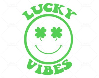 May include: Green graphic with the text "LUCKY VIBES" in a retro font. A green smiley face with four-leaf clover eyes.