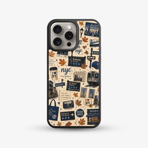 Funda para teléfono con collage otoñal de Nueva York, estética vintage de Nueva York, hojas de otoño, mapa del metro, estilo de pegatina nostálgica de la ciudad, funda de viaje urbana, regalo