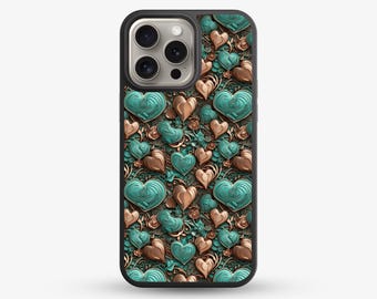 Teal and Bronze Heart Phone Case, Romantic Floral Love Pattern, Elegant Vintage Aesthetic Protective Cover Gift