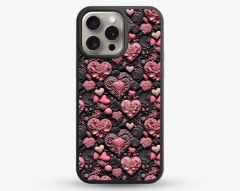 Black and Pink Heart Phone Case, Romantic Floral Swirl Pattern, Elegant Gothic Valentines Aesthetic Protective Cover Gift