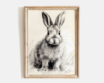 Vintage Rabbit Drawing, Antique Rabbit Sketch, Antique Bunny Print, Vintage Rabbit Painting, Black & White Drawing, Nursery Decor