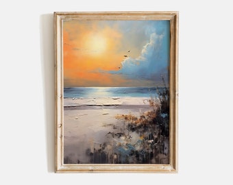 Vintage Neutral Beach Oil Painting, Vintage Beach Sunrise Painting, Vintage Coastal Seaside Painting, Muted Soft Coastal Landscape