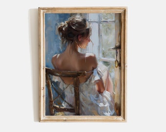Antique Woman Portrait, Vintage Woman Sitting Painting, Victorian Lady Art, Moody Oil Painting, Moody Wall Art, Woman Dress Print