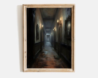 Creepy Hallway Painting, Gothic Print, Hallway With Paintings, Haunted Museum Painting, Halloween Art, Dark Home Decor, Dark Academia