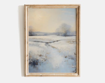 Vintage Winter Painting, Snowy Winter Landscape Wall Art, Vintage Christmas Art, Nordic Farmhouse Print, Winter Scene Wall Art