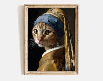 真珠の耳飾りの猫の絵画、フェルメールの猫の壁アート、猫好きへ