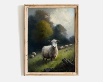 Sheep Oil Painting Vintage Landscape Wall Art Farm Animal Print Farmhouse Wall Art Sheep Print Sheep in the Spring