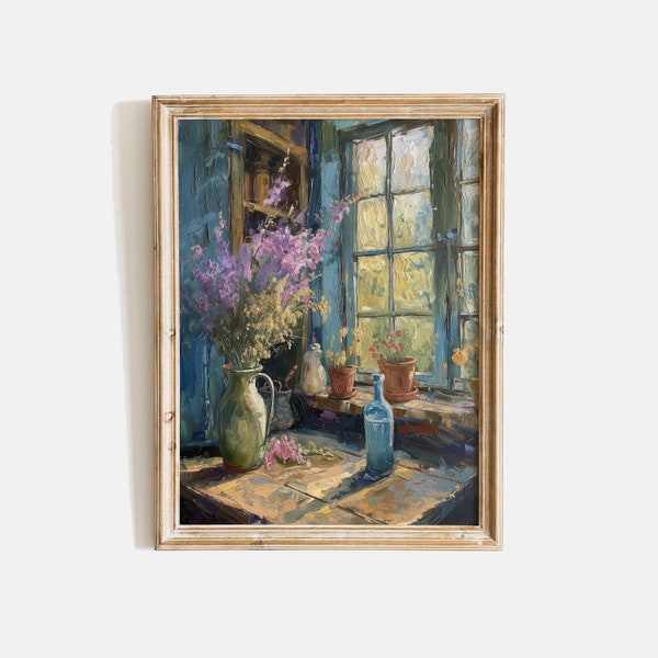 Country Kitchen Table Painting, Vase by the Window, Vintage Interior Painting, Antique Flowers Print, Cottage Window Print, Digital Download