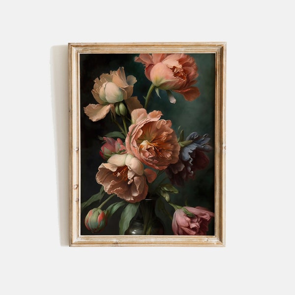 Moody Vintage Flor Impresión Peonías Pintura Flores en Florero Ramo de Flores Moody Rosas Oscuras Pintura Oscuro Floral Bodegón Pintura al óleo