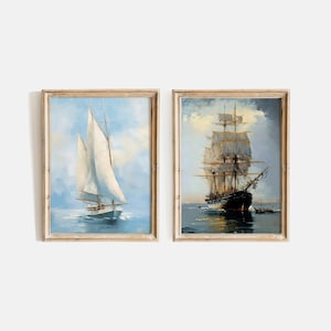 Antique Ship Art Print, Set of Two Coastal Landscape Art Prints, Clipper Ship Painting, Ship On The Ocean, Sailing Boat Wall Art PRINTABLE