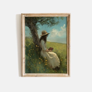 Girl Reading Under A Tree Painting, Vintage Woman In A White Dress, Woman Reading Print, Meadow Yellow Flowers Field, 19th Century Painting