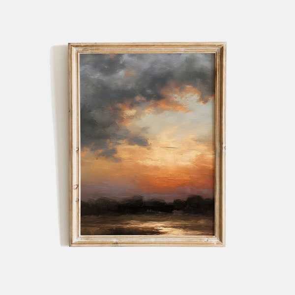 Oil Painting Sunset Fine Art Print, Sunset Clouds Vintage Print, Aesthetic Wall Art, Sunset Field Wall Art, Small Landscape Cloud Painting