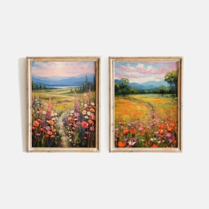 Set of 2 Printable Wildflower Wall Art, Wildflower Field Art Gallery Set of 2 Prints, Country Field Landscape Oil Painting, Farm House Art