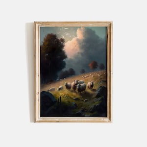 Vintage Landscape Painting of Sheep Farmhouse Wall Art Muted Sheep Oil Painting Countryside Meadow Print Farm Animal Print