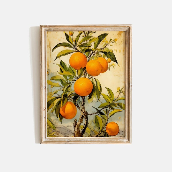 Orange Tree Vintage Oil Painting, Orange Fruit Painting, Kitchen Farmhouse Wall Art Print, Original Fruit Artwork, DIGITAL DOWNLOAD