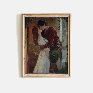 Pintura de Romeo y Julieta, Arte de pared de amantes, Pintura romántica medieval, Impresión de pareja de amor renacentista, Arte de pared de amor antiguo, Pareja besándose