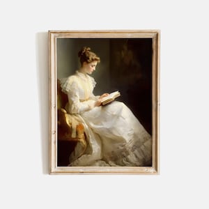 Antique Woman Reading Portrait, Vintage Art Painting, Moody Art, Antique Oil Painting, Bookish Prints, Victorian Portrait, Moody Artwork