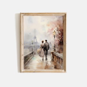 Paris Liebesbild, Paar zu Fuß Liebesbild, Vintage Liebesbild, Antiker Liebesdruck, Französische Liebende Druck, Romantische Aquarellmalerei