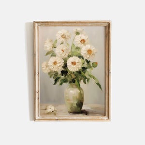 Pintura vintage de margaritas blancas, pintura de jarrón de flores, arte botánico de la pared, pintura al óleo floral antigua, decoración neutra de la granja