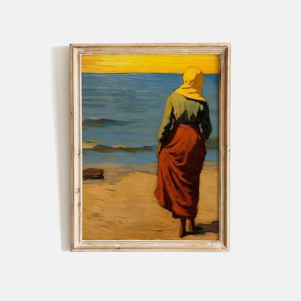 Woman By The Sea Painting, Beach Walk By Sunset Art Print, Warm Tone Vintage Wall Art, Muted Beach Scene Oil Painting, Digital Art Print