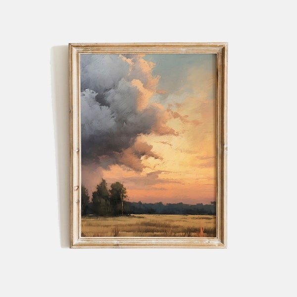 Peinture de ciel nuageux, peinture à l'huile de coucher de soleil, impression de ciel de cru, peinture à l'huile de nuage, art de mur de pépinière de cru, art de mur de coucher du soleil