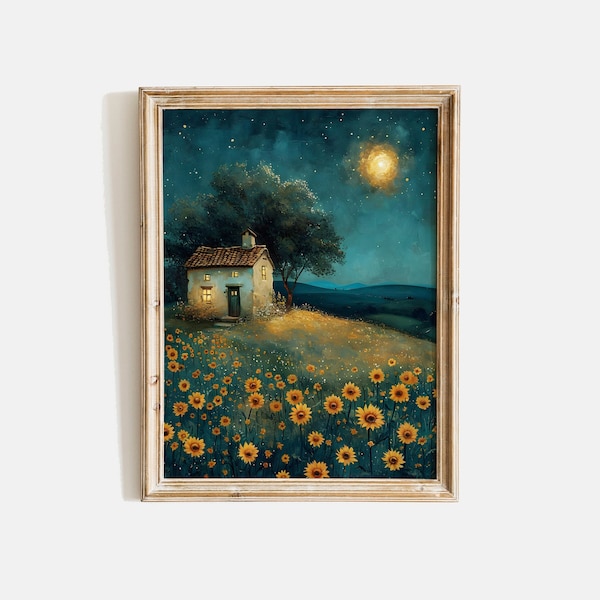 Night Landscape Art, Vintage Star Gazing Painting, Sunflower Field Print, Printable Night Wall Art, Night Nature Art, Digital Download