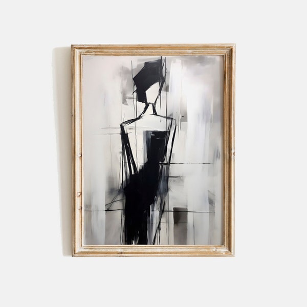 Abstract Black and White Woman Portrait, Modern Portrait Painting Wall Art, Abstract Portrait Wall Art, Abstract People Art, Mid Century Art