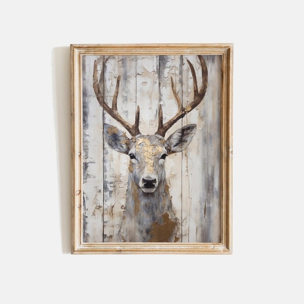 Deer Painting Printable Wall Art, Moody Rustic Wall Art, Antique Animal Print, Abstract Deer Oil Painting on Canvas, Vintage Deer Print