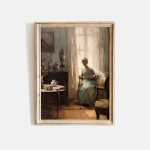 Antique Woman Reading Portrait, Woman Reading Painting, Antique Scene Oil Painting, Moody Art, Antique Interior Art, European Lady Painting