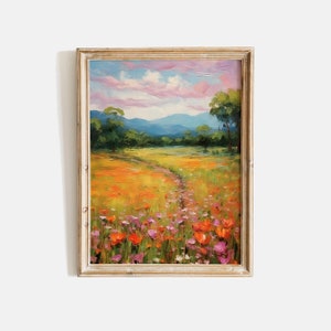 Wildflower Field Landscape Oil Painting, Muted Wildflower Field, Vintage Farm House, Country Field Landscape Painting Printable