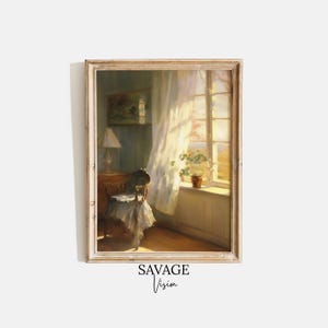 Sunlight Through Window Oil Painting, Vintage Interior Art (Digital Download)
