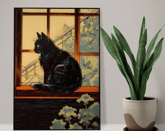 ヴィンテージの黒猫の絵画、窓辺の猫のプリント（デジタルダウンロード