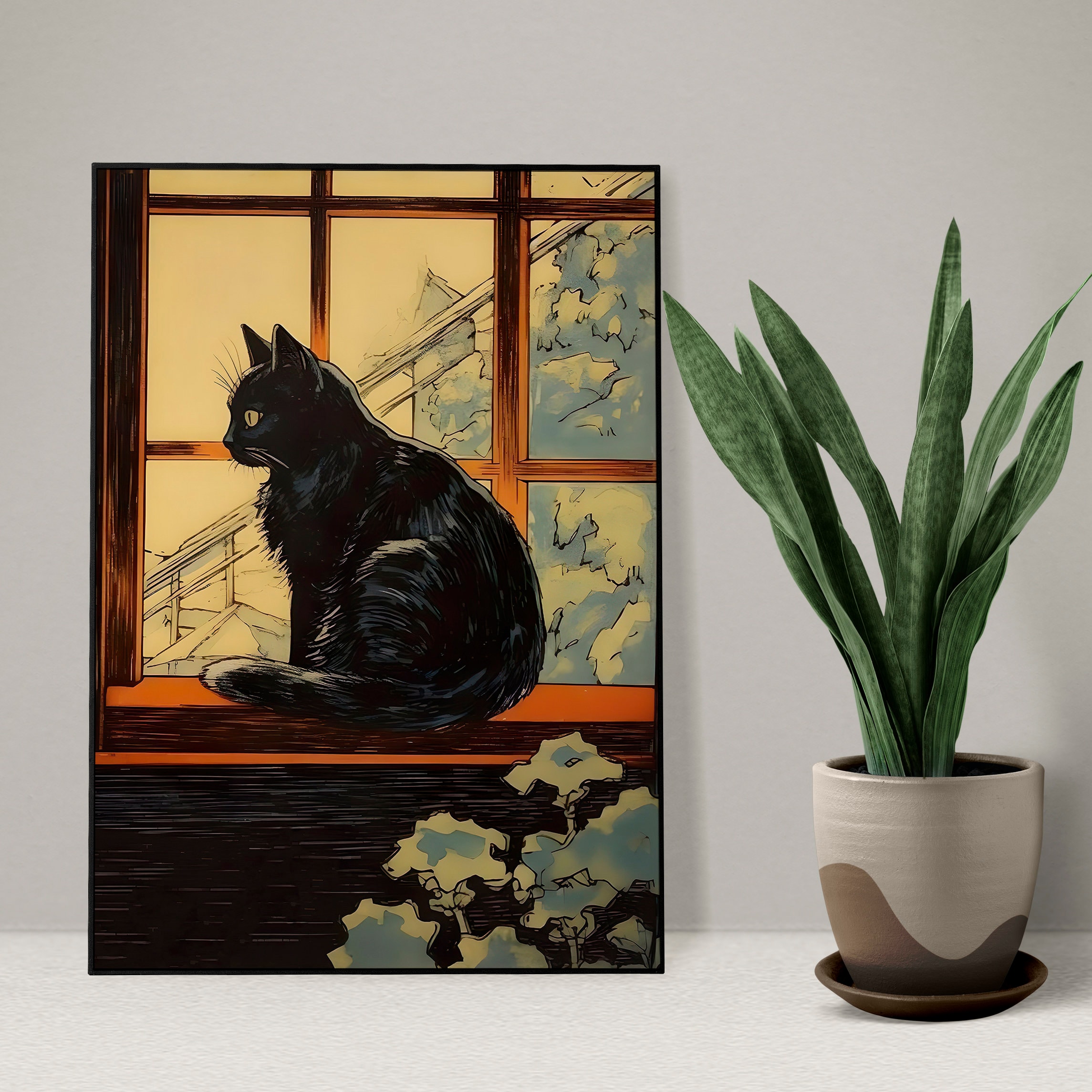 ヴィンテージの黒猫の絵画、窓辺の猫のプリント（デジタルダウンロード