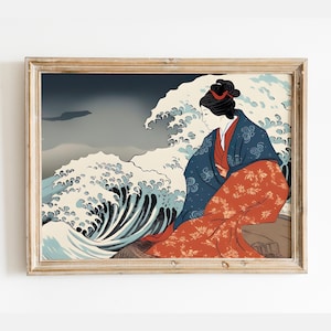 Japanese Woman By Beach, The Great Wave Japanese Print, Museum Quality Art Printing, Blue Sea Waves Print, DIGITAL DOWNLOAD