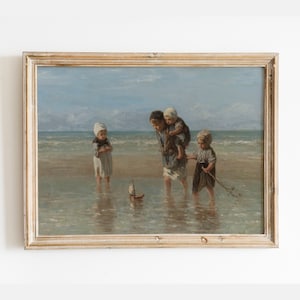 Pintura de niños del mar, pintura junto a la playa, arte vintage de la pared de la playa neutral, paisaje costero suave, decoración de verano, arte de la pared digital