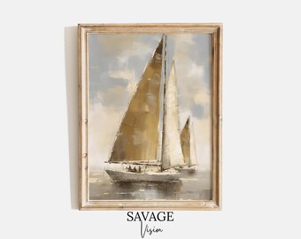 Vintage Sailboat Lake Painting, Coastal Nursery Art (Digital Download)