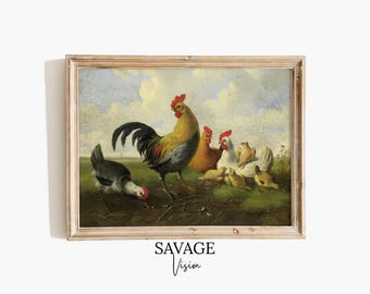 Cuadro de gallo vintage: Impresión rústica de granja (descarga digital)
