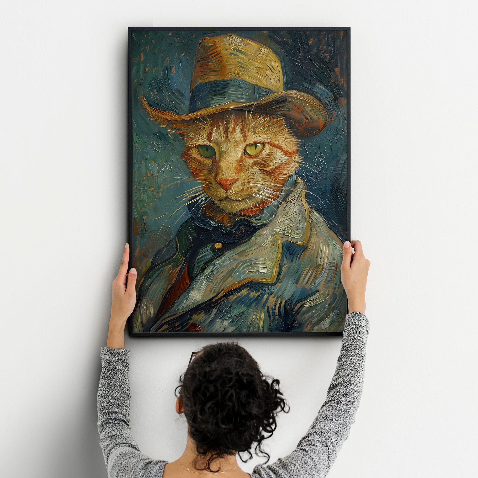 ゴッホ風猫の肖像画、アンティーク油絵、ペットの祭壇画（デジタル
