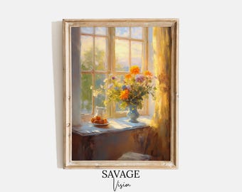 Pintura vintage con flores en un jarrón, impresión de naturaleza muerta melancólica (descarga digital)