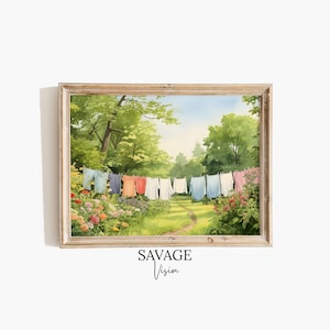 Laundry Line Oil Painting, Laundry Room Wall Art, Clothesline Laundry Room Decor, Vintage Farmhouse Decor, Digital Downloadable
