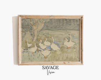 Vintage Geese Watercolor Painting: Neutral Animal Print (Digital Download)