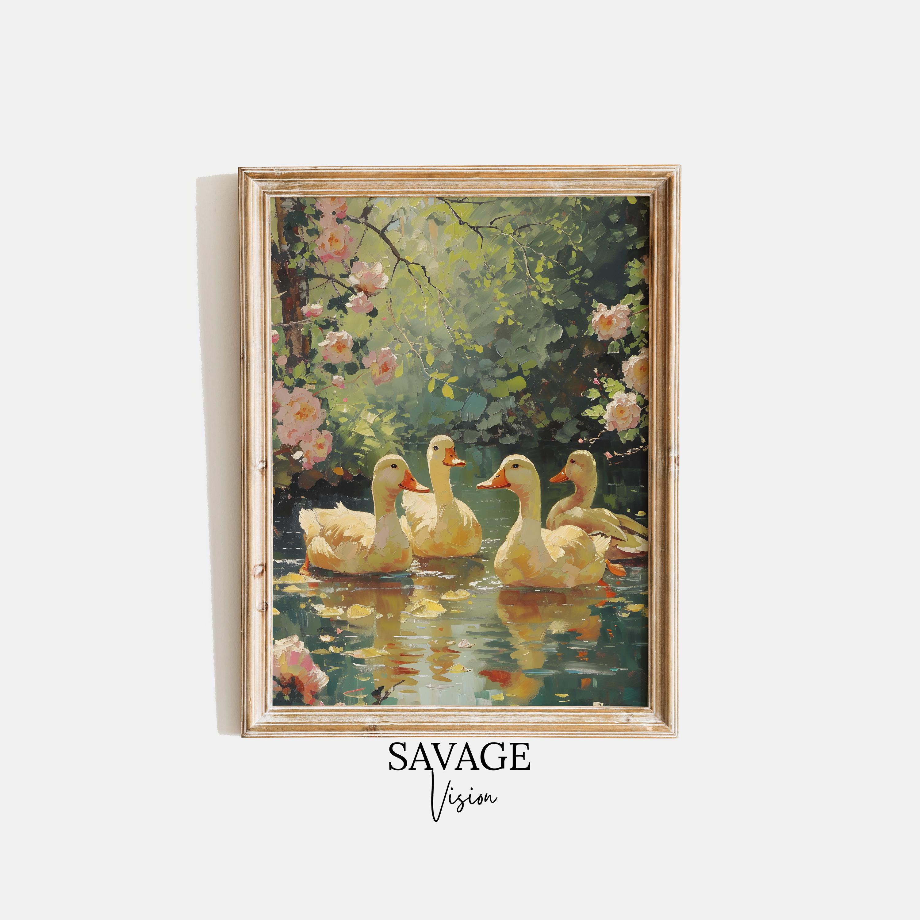Vintage Ducks Painting, Spring Landscape Painting, Duck Prints, Duck Painting Print, Bird Painting, Antique Oil Painting, Instant Download