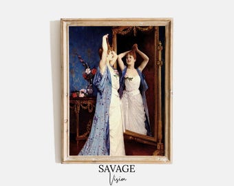 Woman at Mirror Portrait, Vintage Style Art Print (Digital Download)