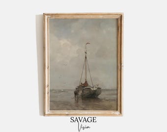 Vintage Sailboat Painting, Antique Fishing Decor, Coastal Nautical Art Print (Digital Download)