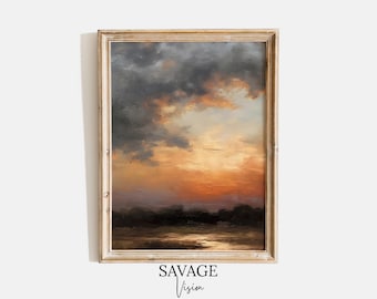 Vintage Sunset Oil Painting Print, Colorful Clouds, Landscape (Digital Download)