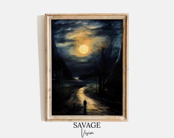 Vintage Moonlight Painting, Dark Academia Man Under Moon Art (Digital Download)