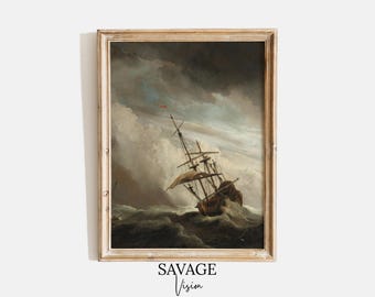 Stormy Sea Ship Painting: Antique Coastal Art Print (Digital Download)