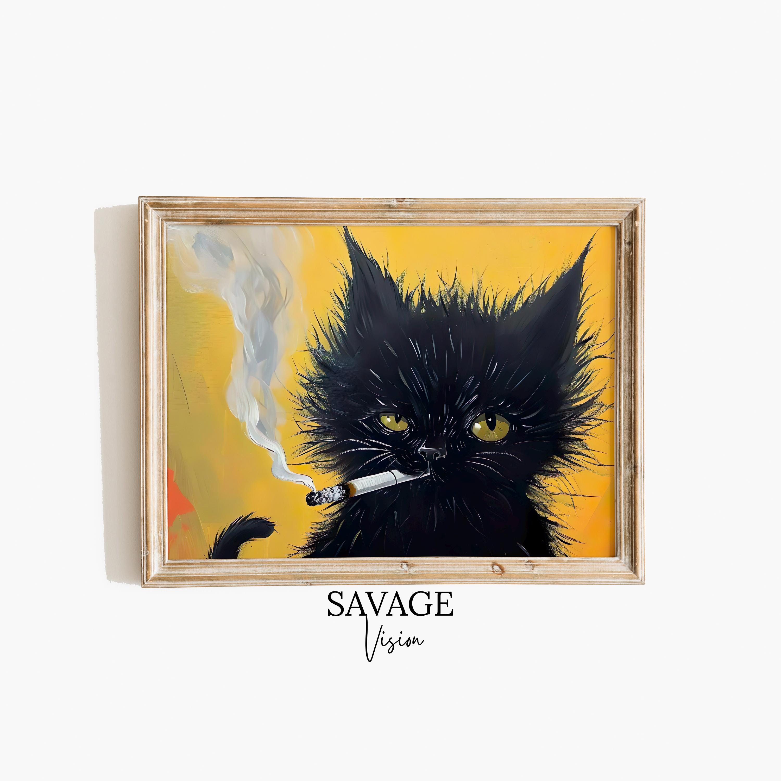 黒猫の絵画、タバコを吸う猫、猫の壁アート、猫のプリント、猫の肖像画